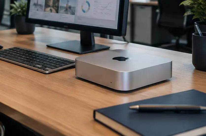 Illustratie van een compacte Mac mini op een bureau als digitale werkplek