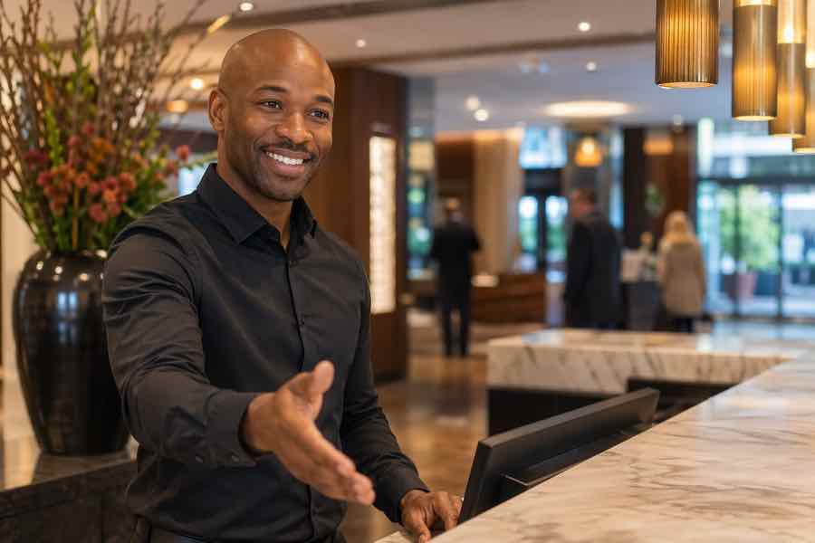 Staffer aan de hotelreceptie