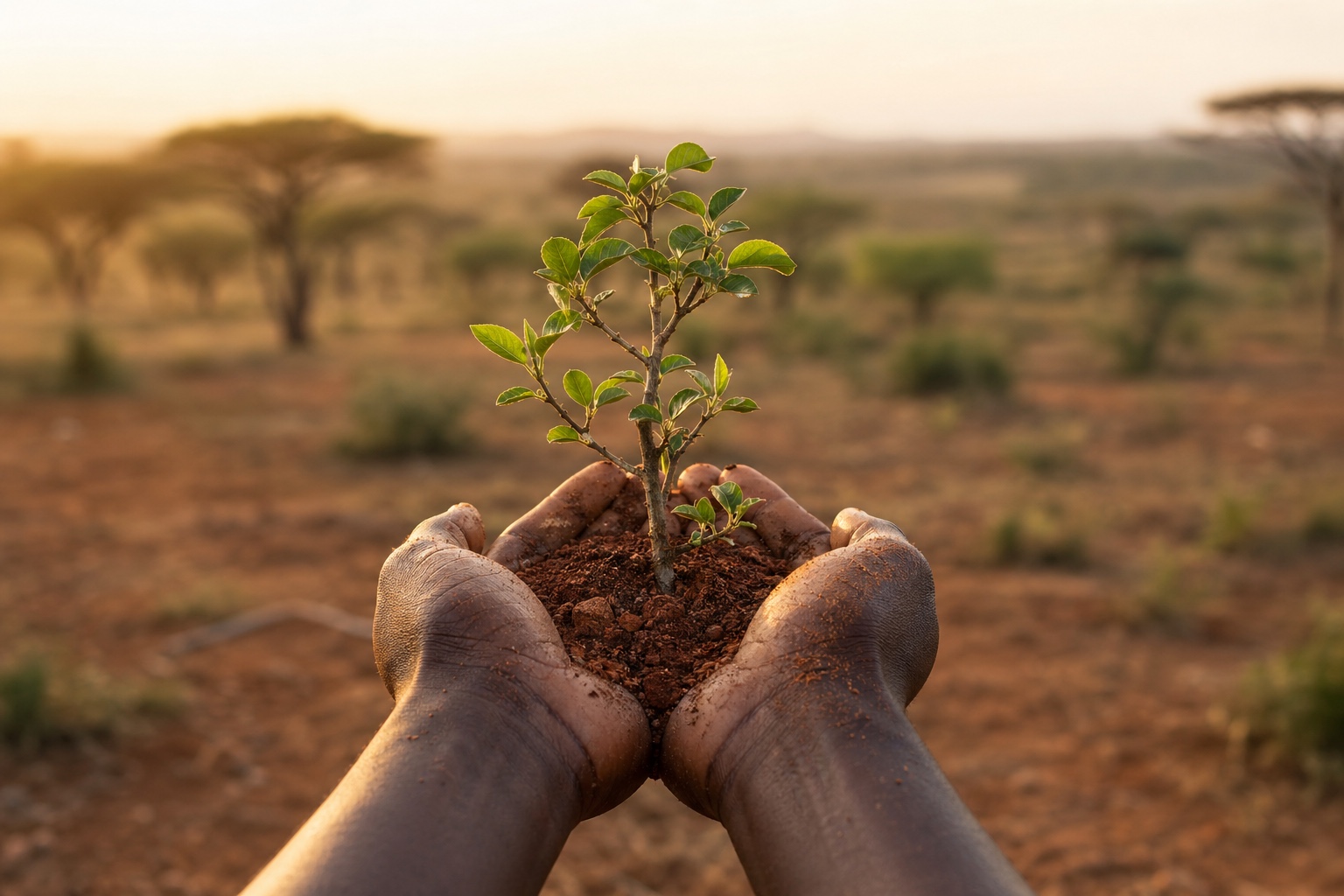 Hand met een jonge boom als symbool voor impact